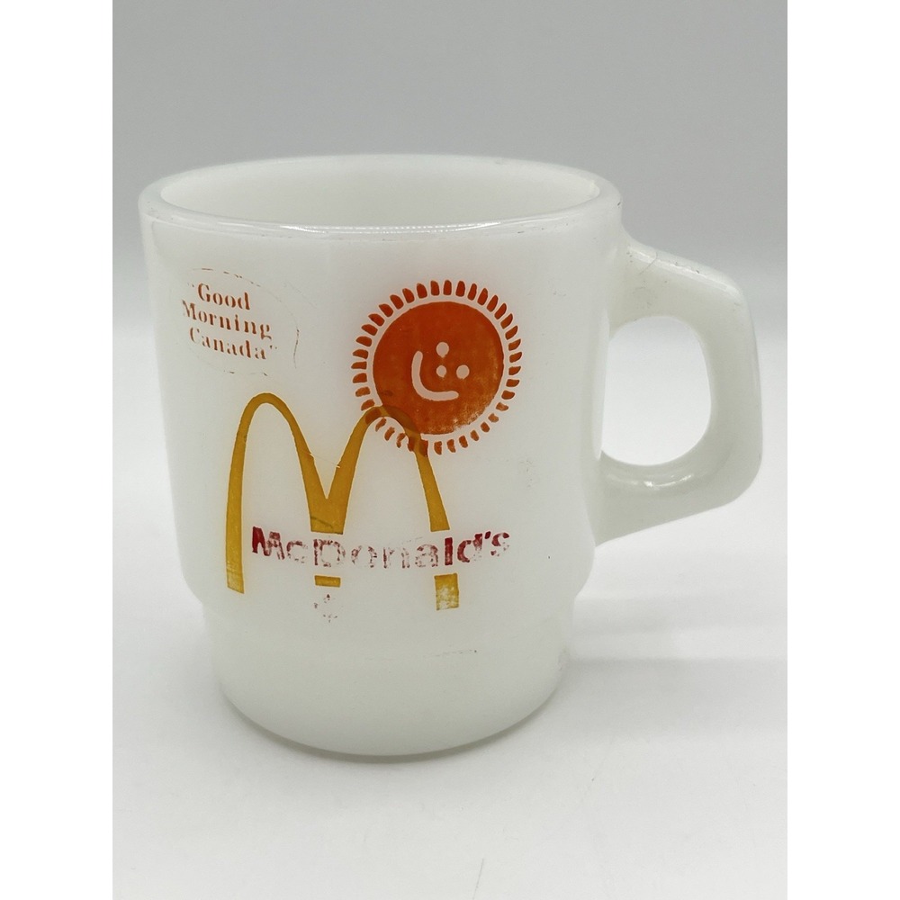 Vintage 1970s Fire-King McDonald's Good Morning Canada Milk Glass Coffee Mug